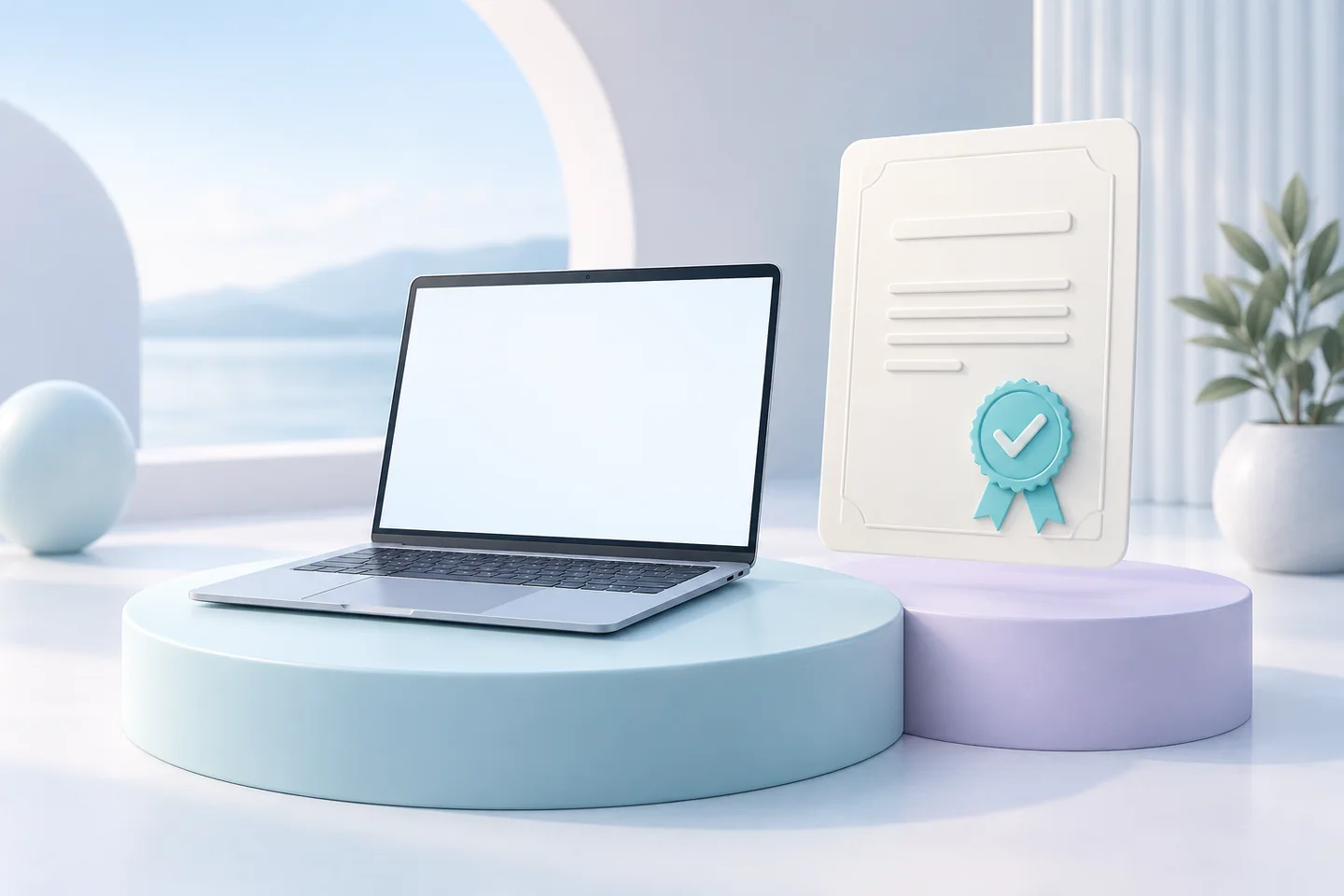 A digital typing credential and laptop in a clean studio setting